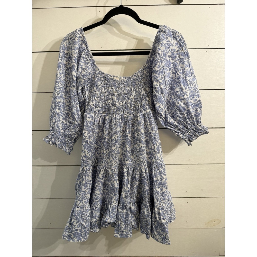 Tullabee Blue White Floral Smocked Mama Mini Women's Dress Size Small Coquette